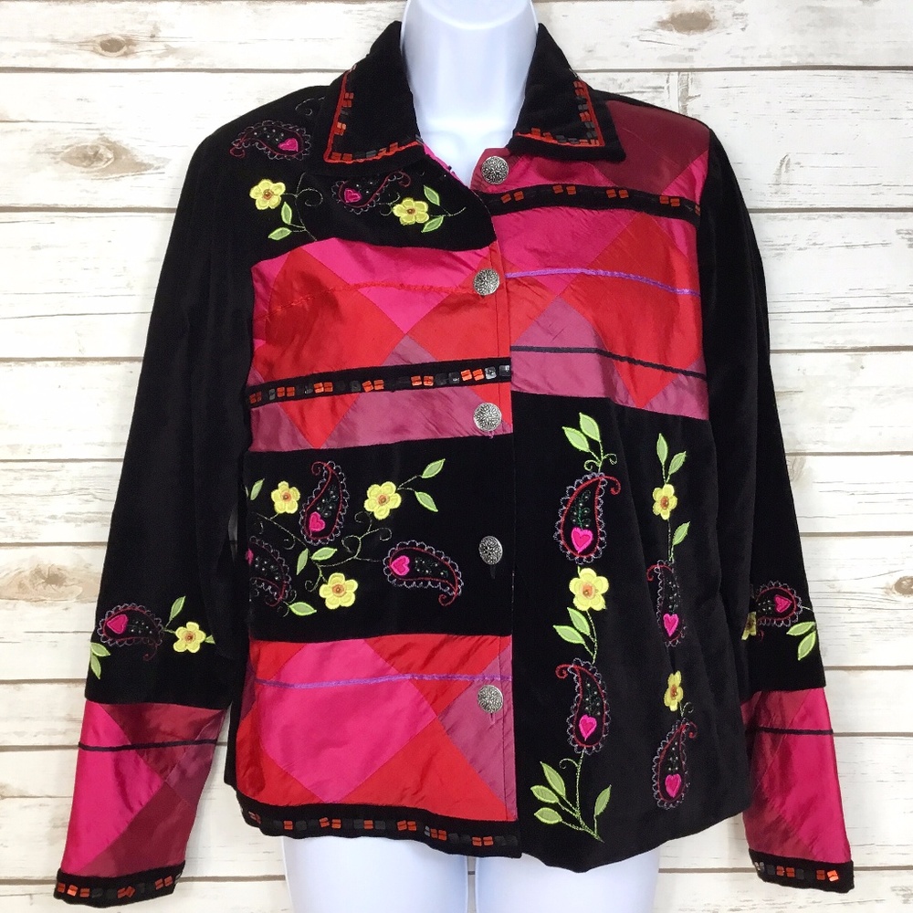 Black Velvet & Silk Panels Embellished Jacket